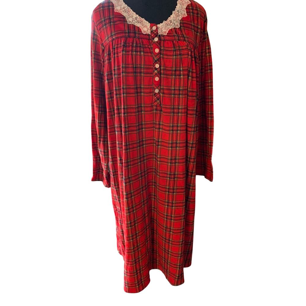 SECRET TREASURES COZY RED PLAID MAXI NIGHTGOWN LACE TRIM SIZE XL/16/18